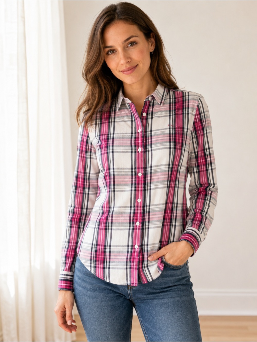 Tommy Hilfiger Women’s M Pink Gray Plaid Button Down Shirt Cotton Preppy